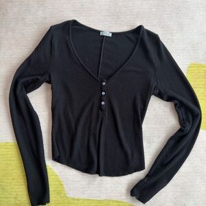 Free People Black Long Sleeve Henley V-Neck Top
